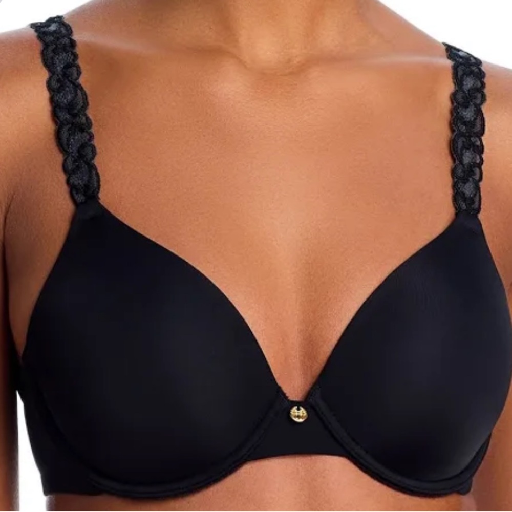 Natori Luxe Full Fit Contour Black T-Shirt Bra with Lace Straps - 36DDD